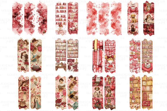 Valentine reading clipart brushstrokes featuring cute cats, dogs, tigers, and monkeys with books and red roses.