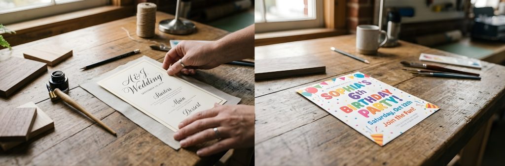 A close-up of a designer's hands on a wooden desk comparing an elegant wedding menu with calligraphic script and a playful kids' invitation with a bold, rounded font