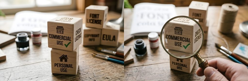 Stylized wooden blocks with "Commercial Use" and "Personal Use" icons, with a magnifying glass focused on the commercial license checkmark