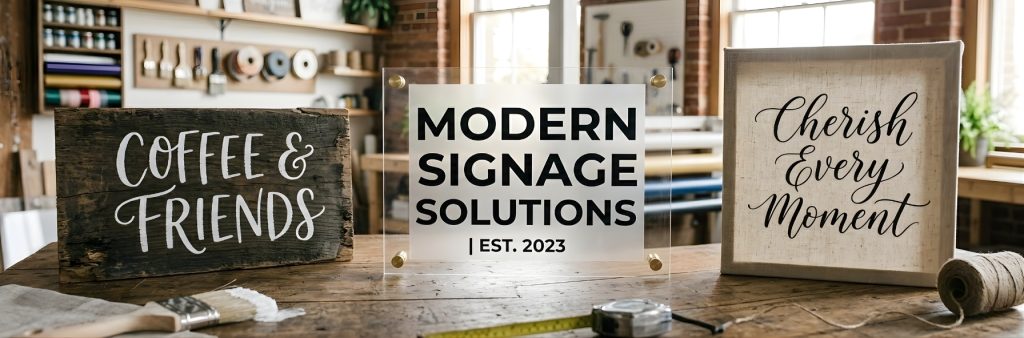 Three signs made of different materials: a rustic wood plank with white hand-lettering, a sleek clear acrylic sign with modern typography, and a linen canvas with a black script font