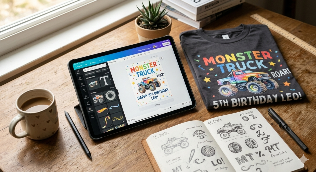 The tablet screen clearly displays a recognizable Canva editor interface with a finished "Monster Truck" greeting card