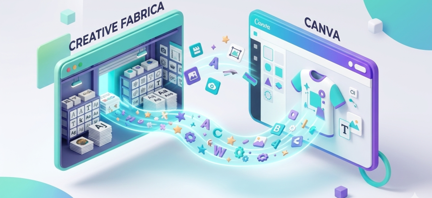 A 3D illustration showing a flow of graphic assets from Creative Fabrica to the Canva editor to create a T-shirt.